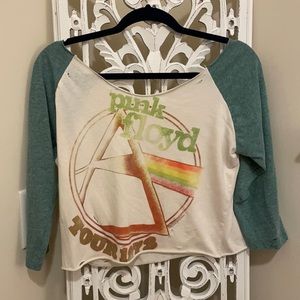 VINTAGE 90s Pink Floyd off-shoulder raw hem distressed baseball crop top, sz SML